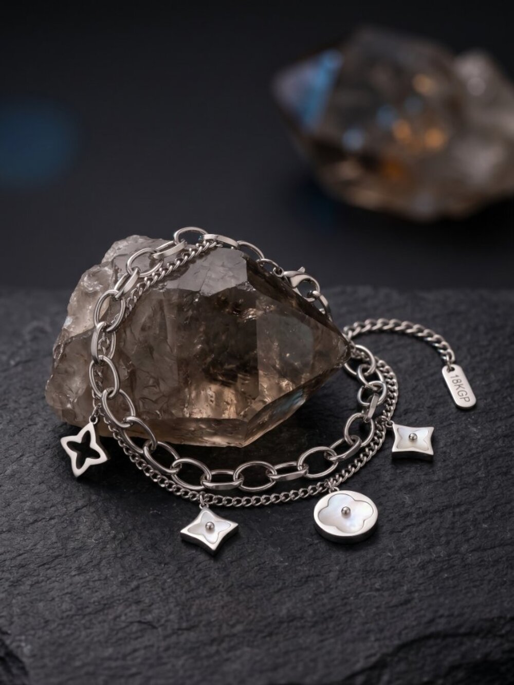 18K White Gold SS MOP Geometric Charm Bracelet Double Chain Quiet Luxury Adj - Picture 13 of 13